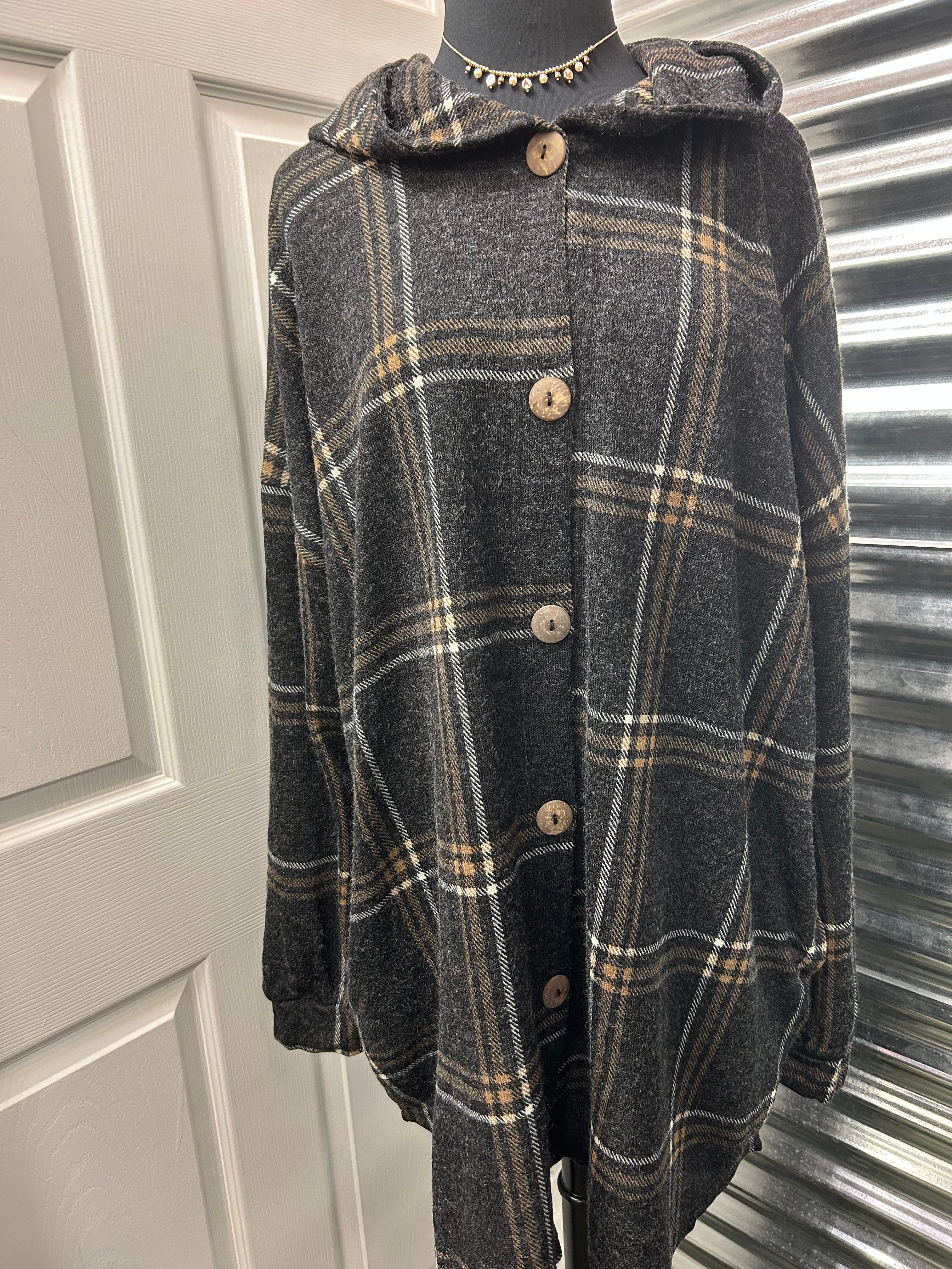Button Down Plaid Hoodie Jacket
