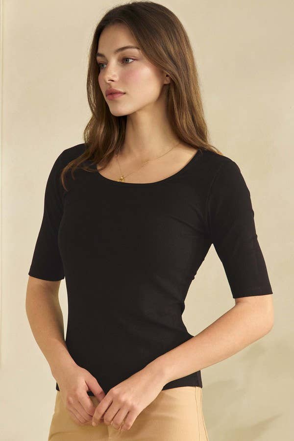 Pure Comfort Modern Mid Sleeve Ribbed Fitted Top: Mocha / M
