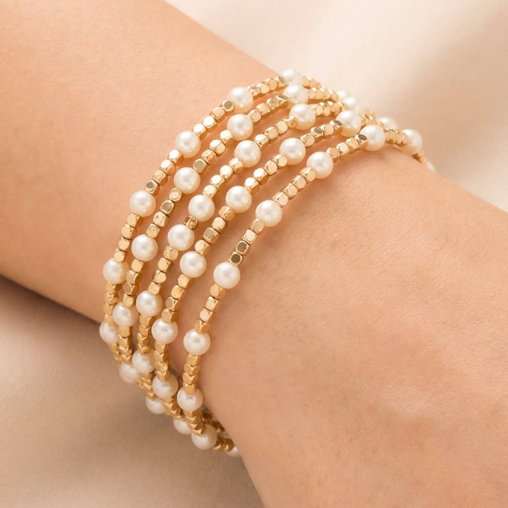 Pearl Gold Cube Bead Stretch Bracelet Set: CRMGD