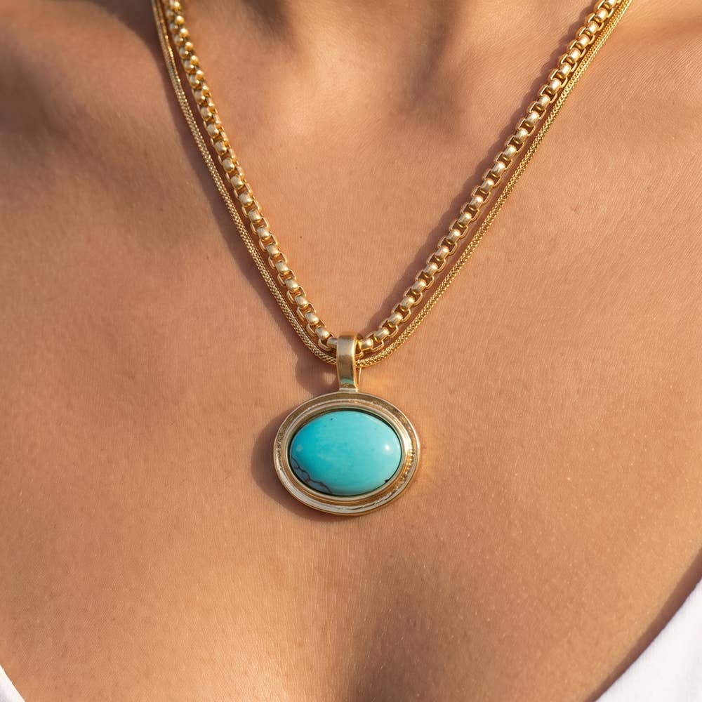 Oval Stone Pendant Double Layer Chain Necklace: WI