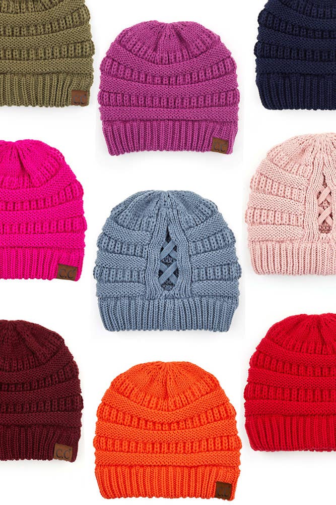 C.C Criss Cross Ponytail Knit Beanie Winter Hat: Beige