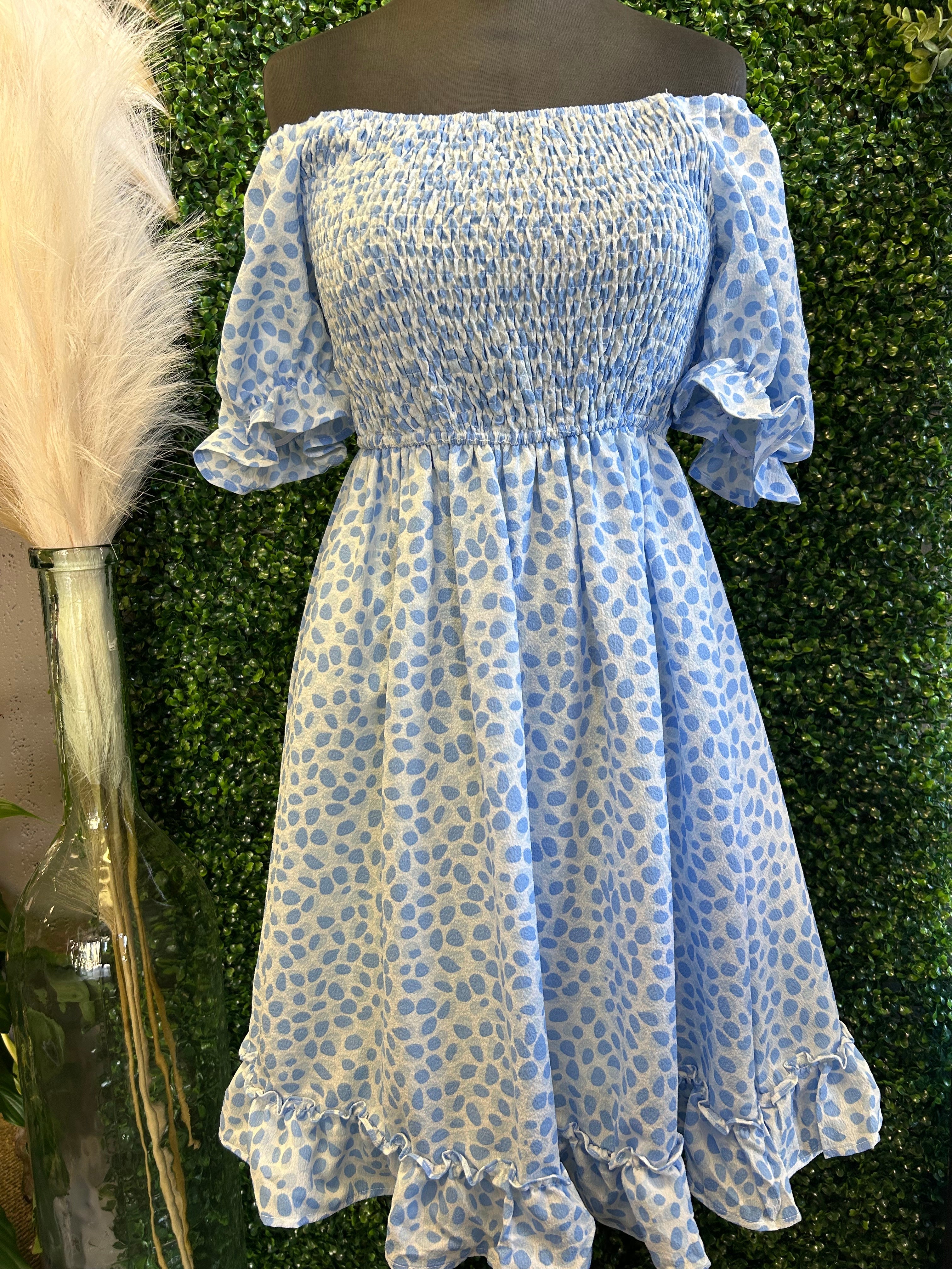 Spotted Print Baby Doll Dress with Smocked Bodice