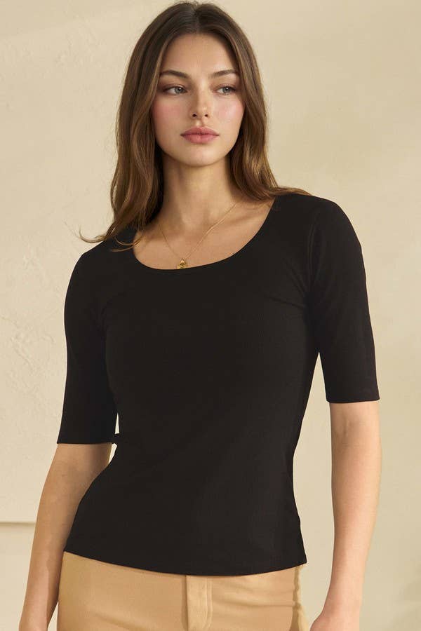 Pure Comfort Modern Mid Sleeve Ribbed Fitted Top: Black / L