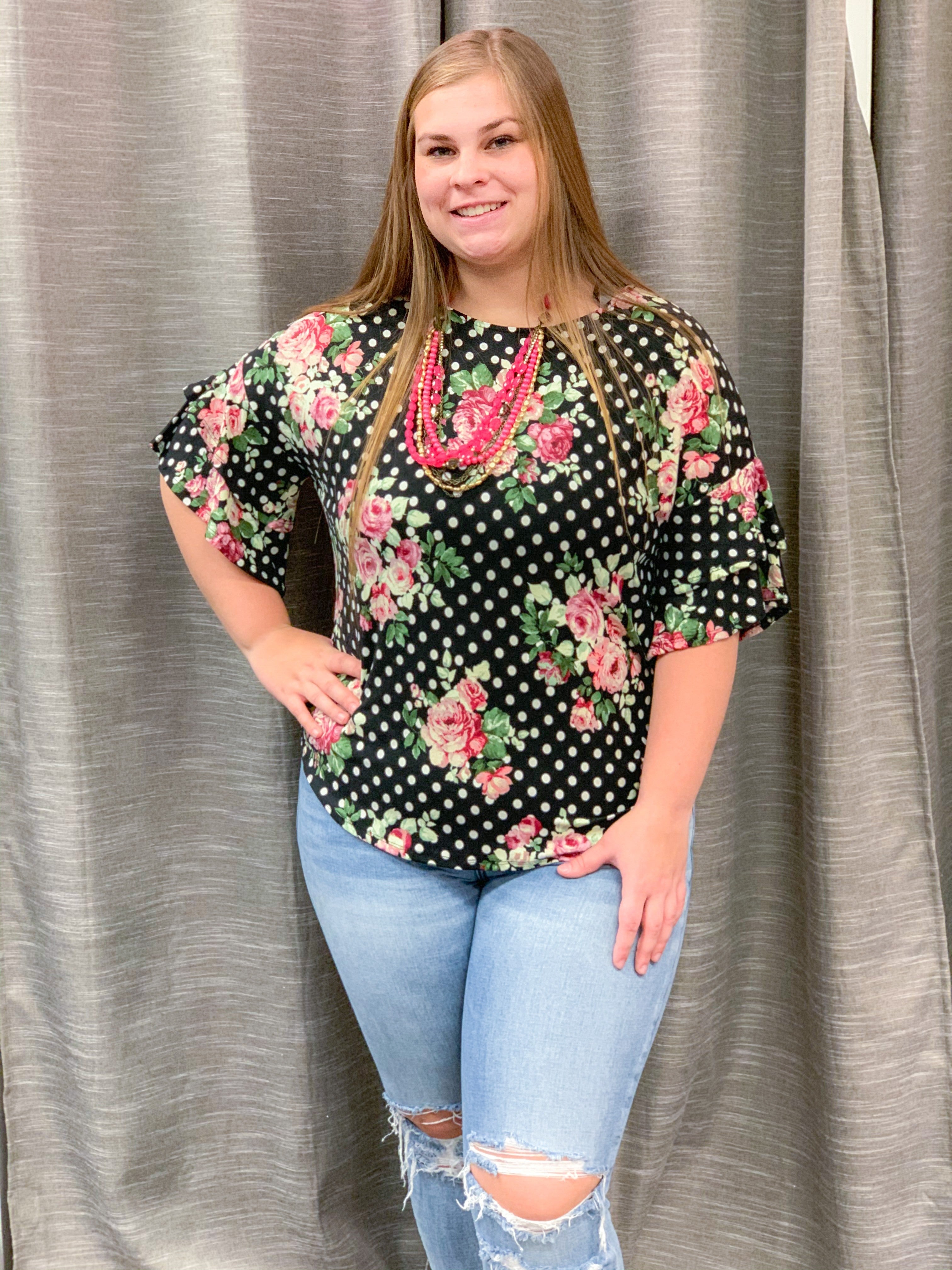 Floral Polka Dot Ruffle Sleeve Top