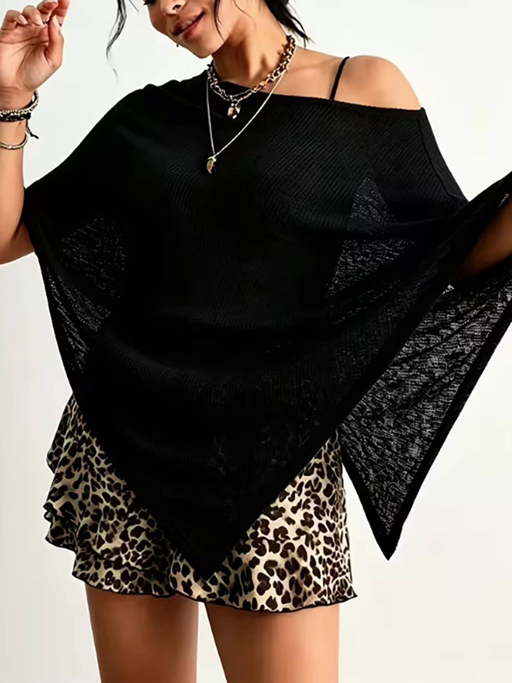 Lightweight Knit Poncho Shawl, Versatile Layering Cover Up: Brown