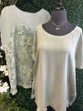 Linen Top w/ Floral Lace Back
