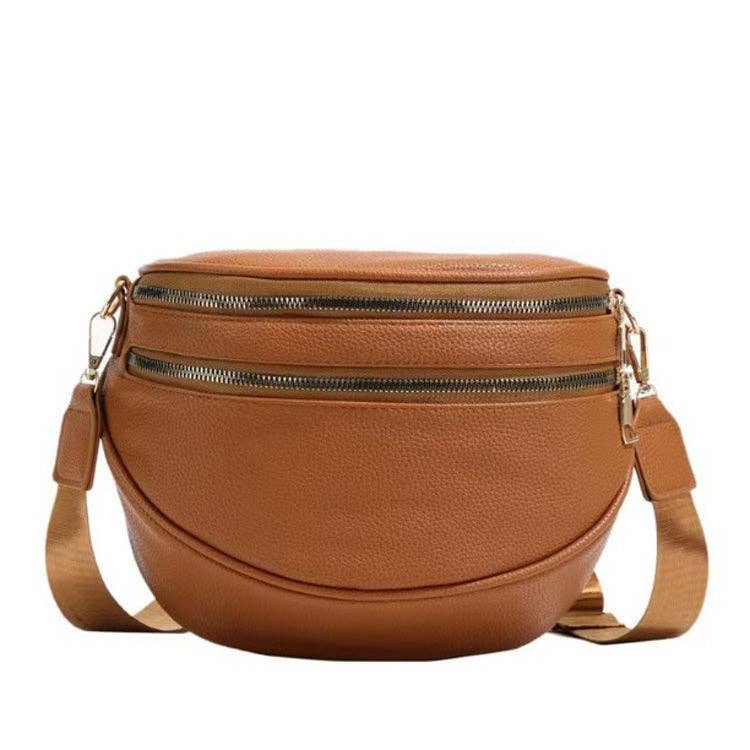 Sabrina Double Zip Leather Crescent Sling: Cognac