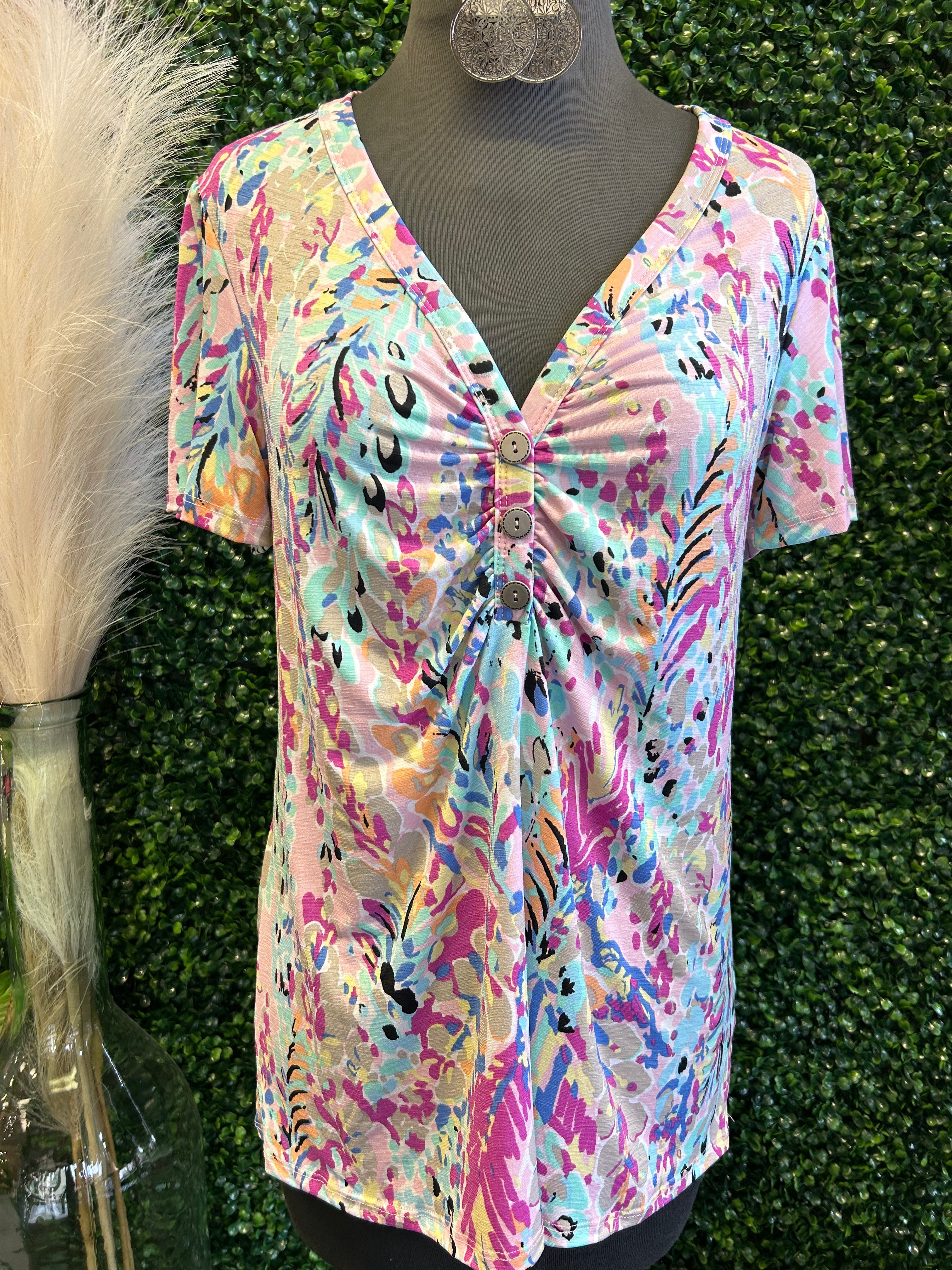 Wrinkle Free Short Sleeve Floral Top
