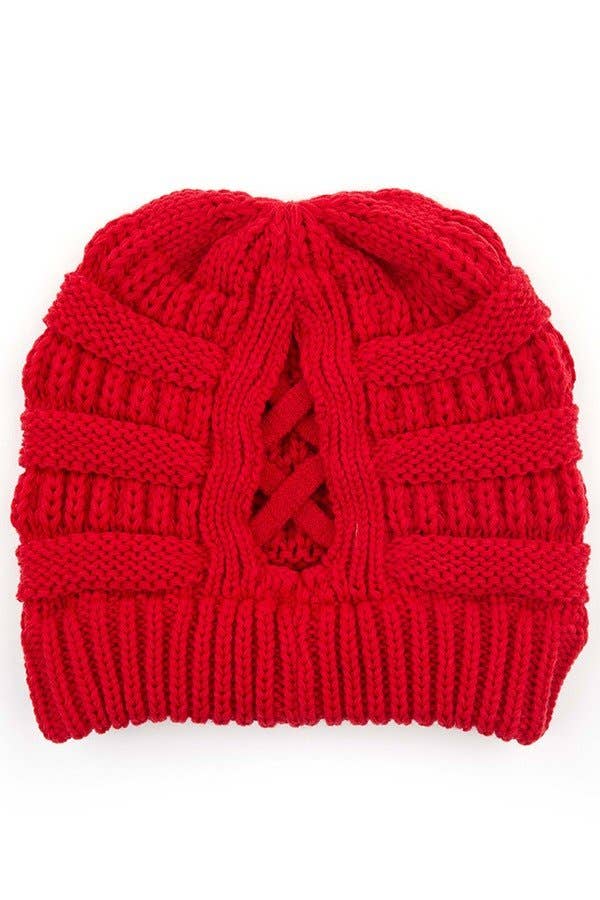 C.C Criss Cross Ponytail Knit Beanie Winter Hat: Beige