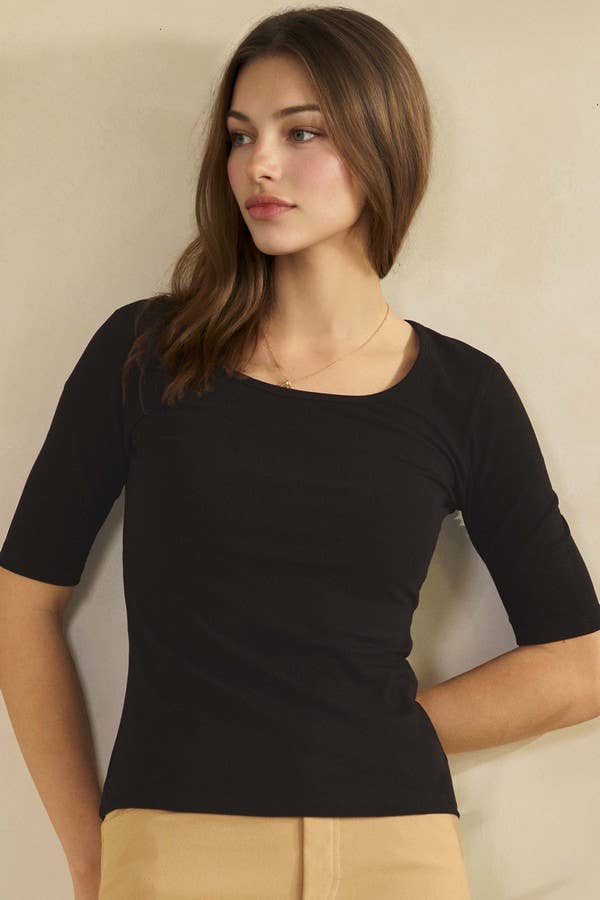 Pure Comfort Modern Mid Sleeve Ribbed Fitted Top: Black / S