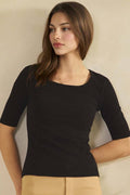 Pure Comfort Modern Mid Sleeve Ribbed Fitted Top: Black / L