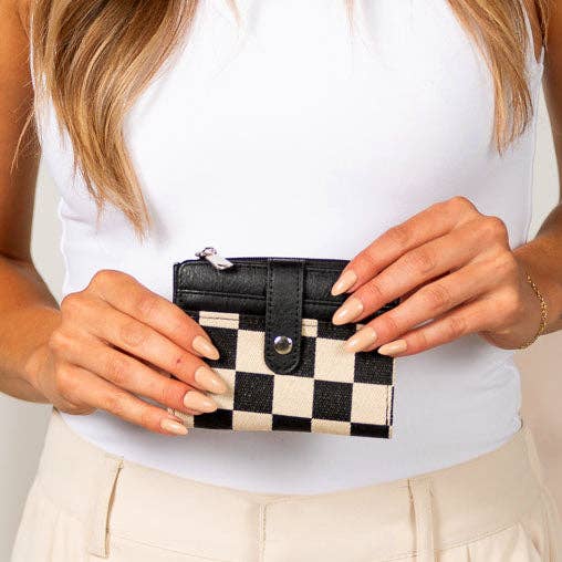 Wilma Mixed Media Fold-Over Wallet: Black Check