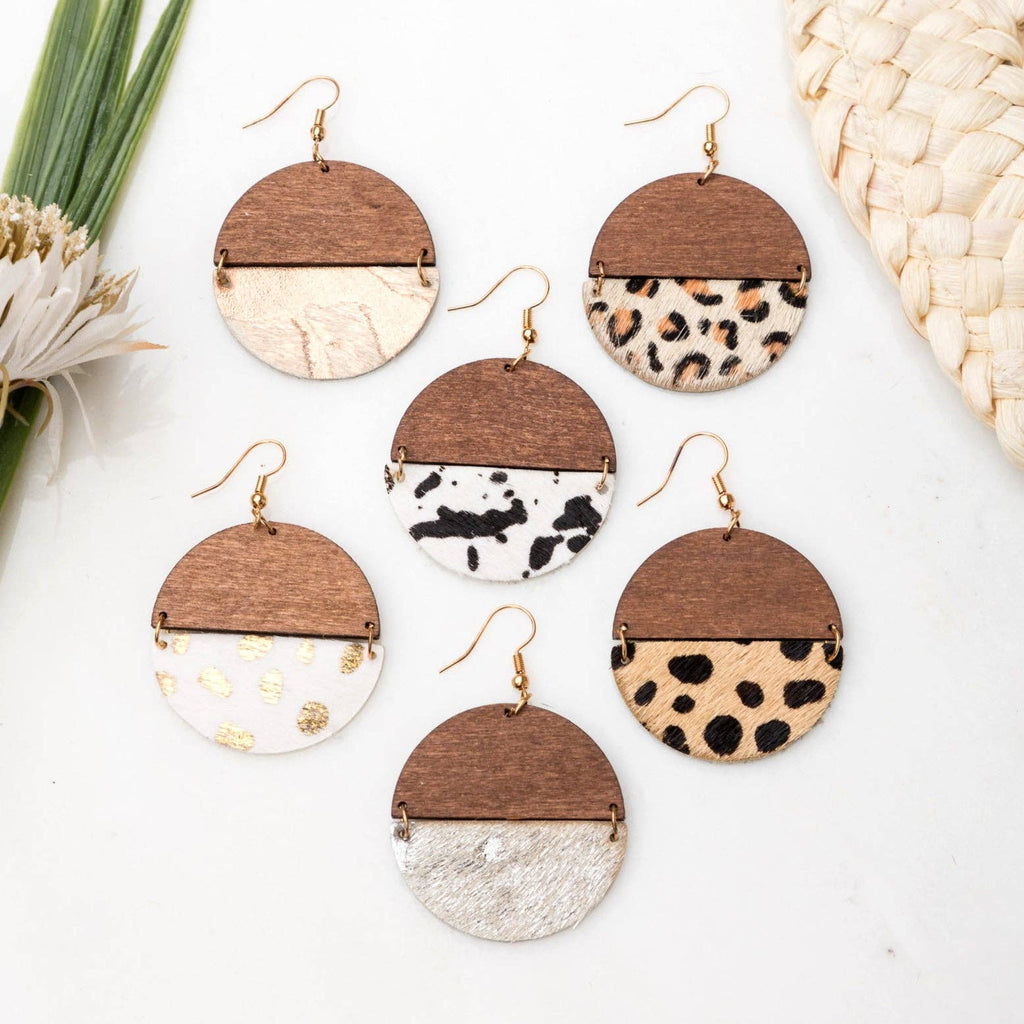 Everyday Leather & Wood Earrings: Beige Leopard
