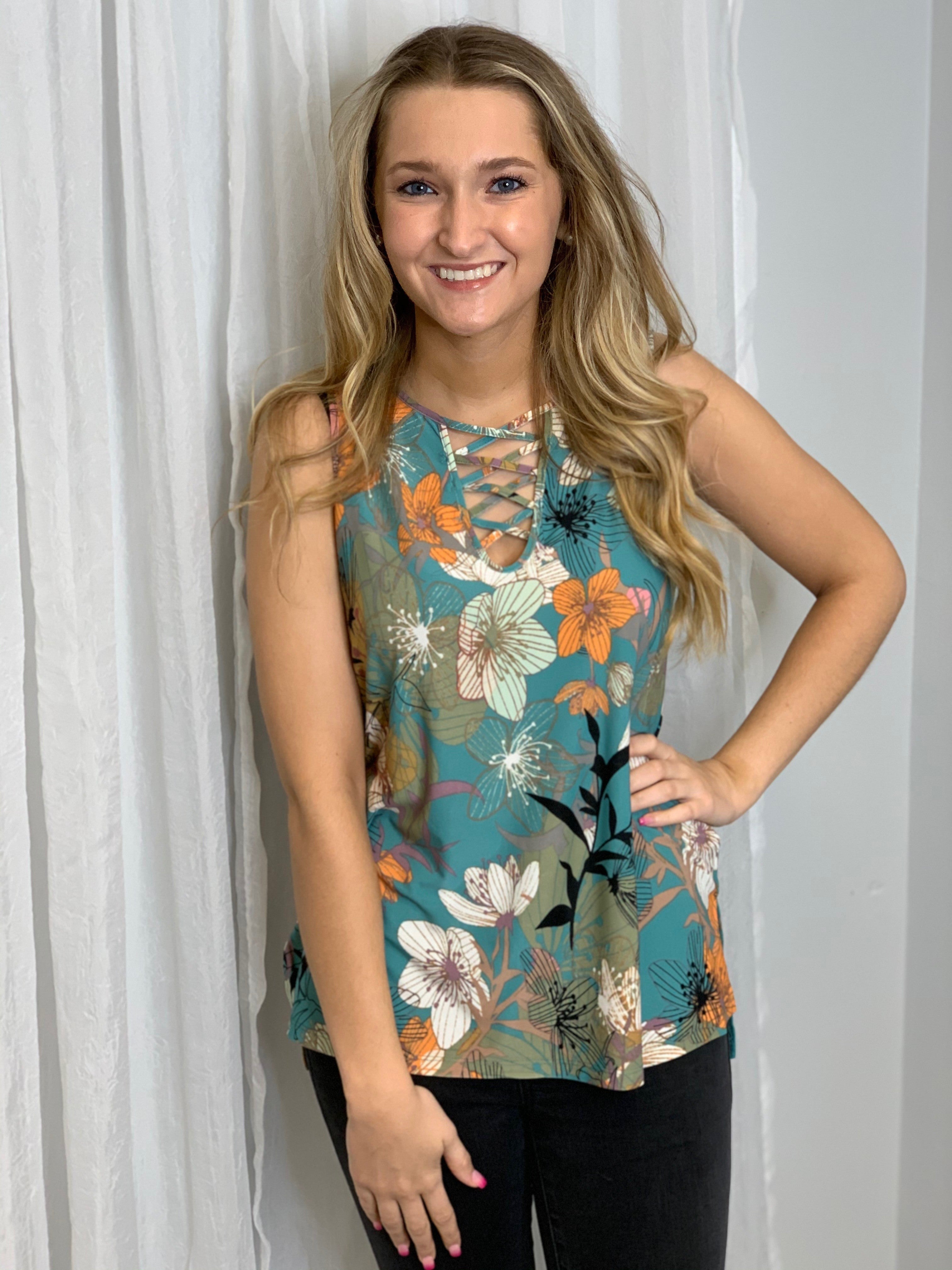 Floral Tank w/ Criss Cross Neckline