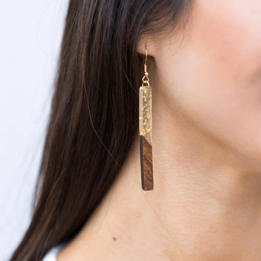 Gold Fleck Resin Wood Earrings: Bar