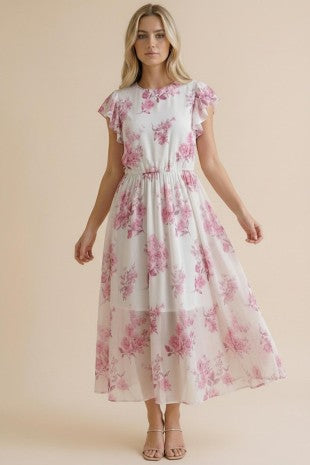 Plus Fit And Flare Midi Floral Semi Mesh Dress
