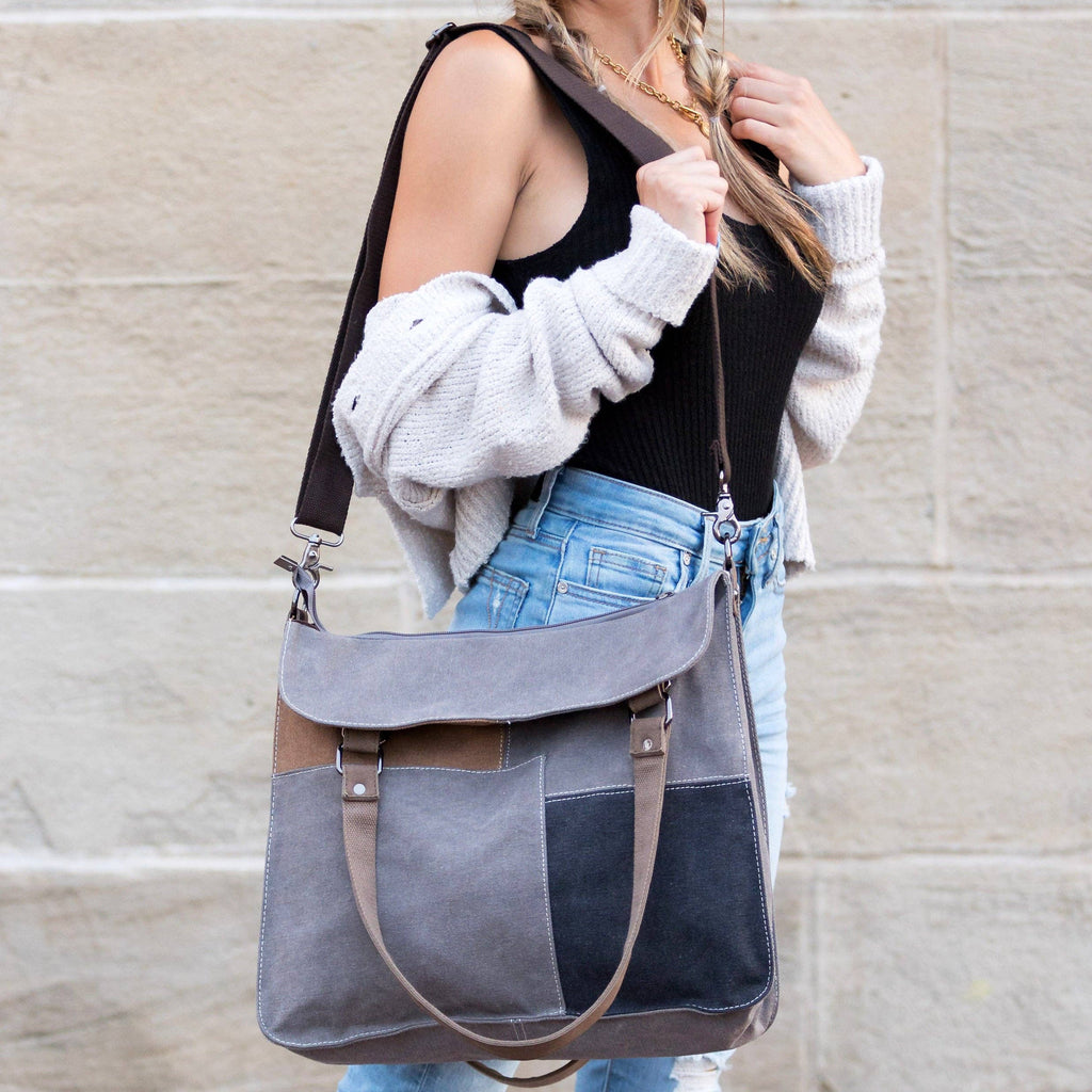 Colorblock Messenger Bag: Gray/Tan/Black