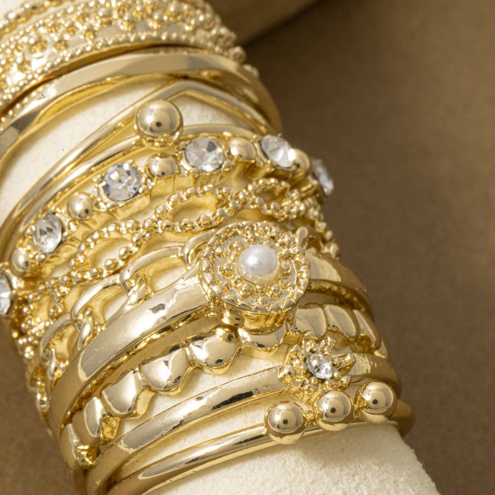 Crystal Pearl Filigree Stacking Ring Set: GDCRY