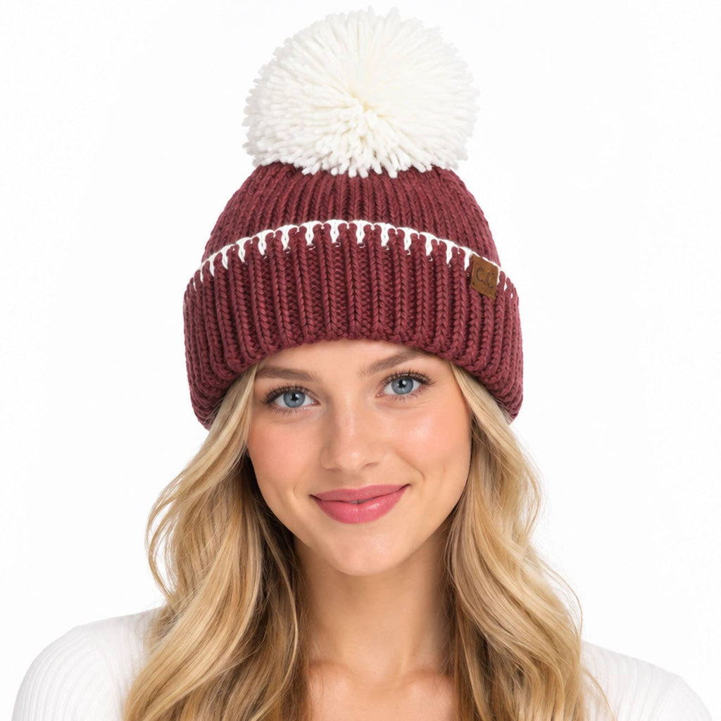 C.C Yarn Pom Game Day Team Stitch Point Beanie Hat: Red/Black