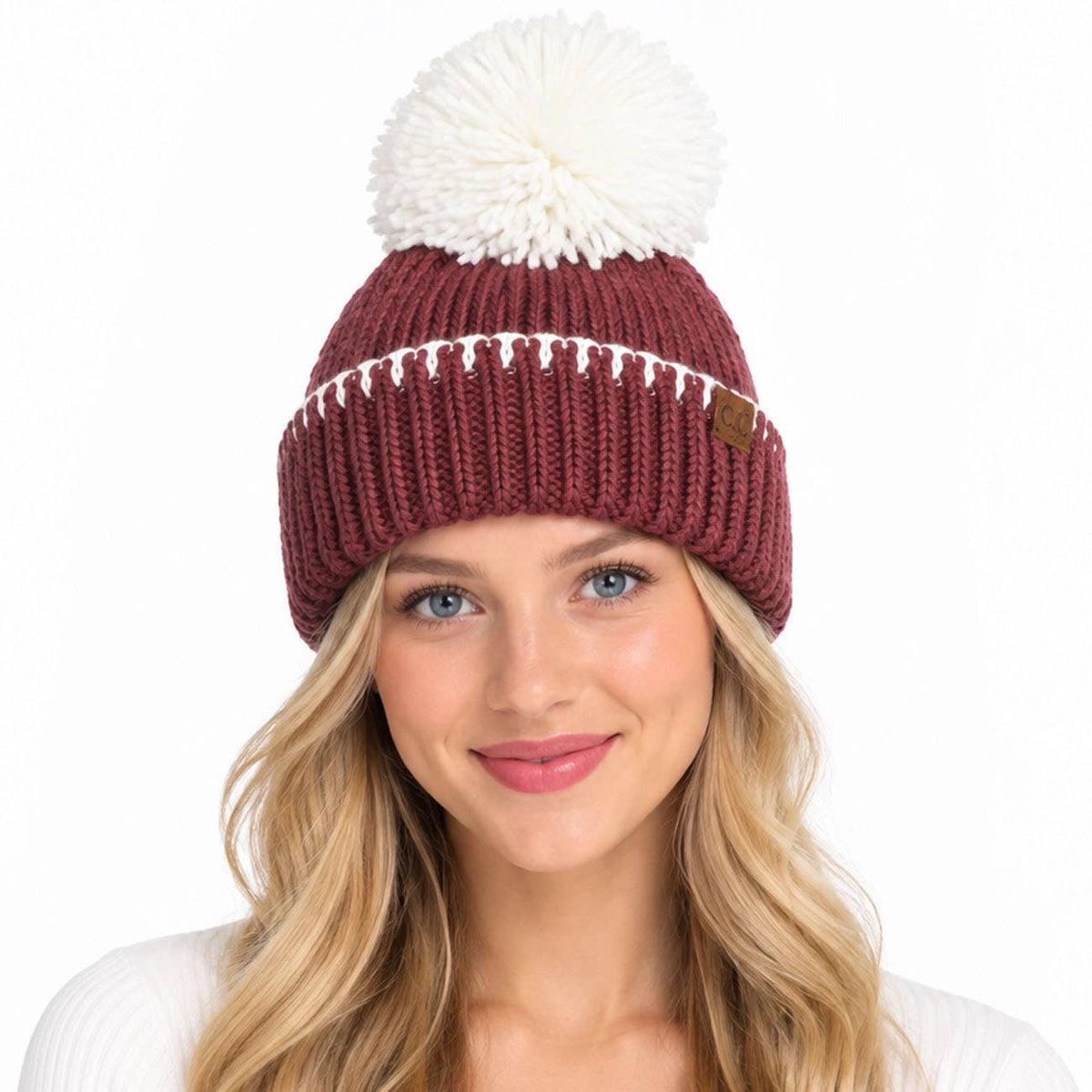 C.C Yarn Pom Game Day Team Stitch Point Beanie Hat: Red/Black