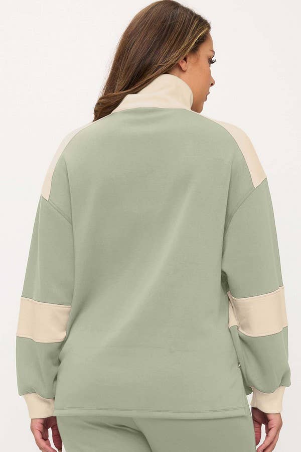 Women's Sleek Colorblock Half-Zip Cozy Fall Top Plus Size: Black/Light Khaki / XXL