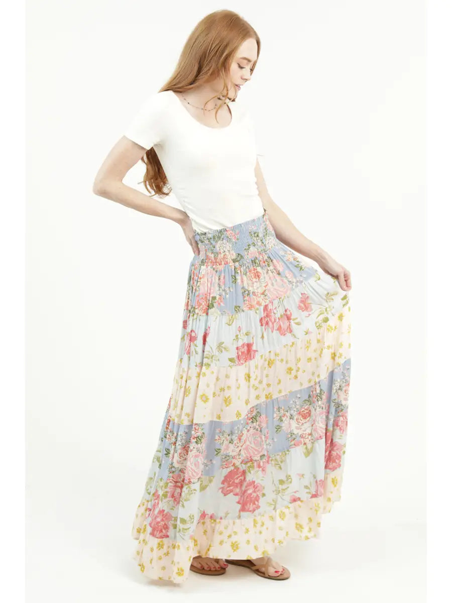 Print A Line Maxi Skirt with Smocked Waist