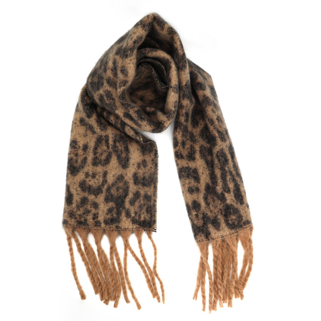 Leopard Pattern Print Brushed Fringe Oblong Scarf: Beige