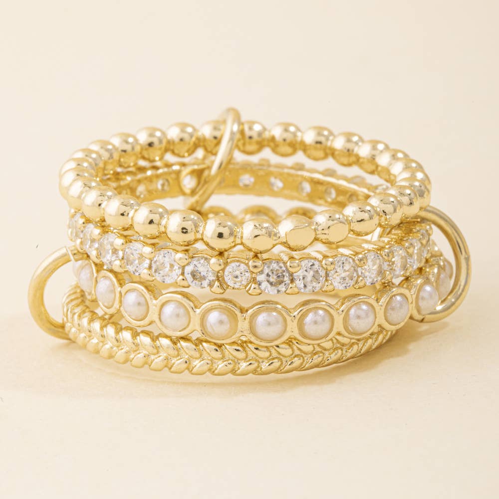 Pearl Cz Beaded Four Band Stackable Ring Set: GDCRY
