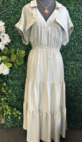 Plus Collared Short Cuff Sleeve Tiered Midi Dress