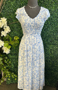 Floral V Neck Smocked Short Sleeve Midi Dress