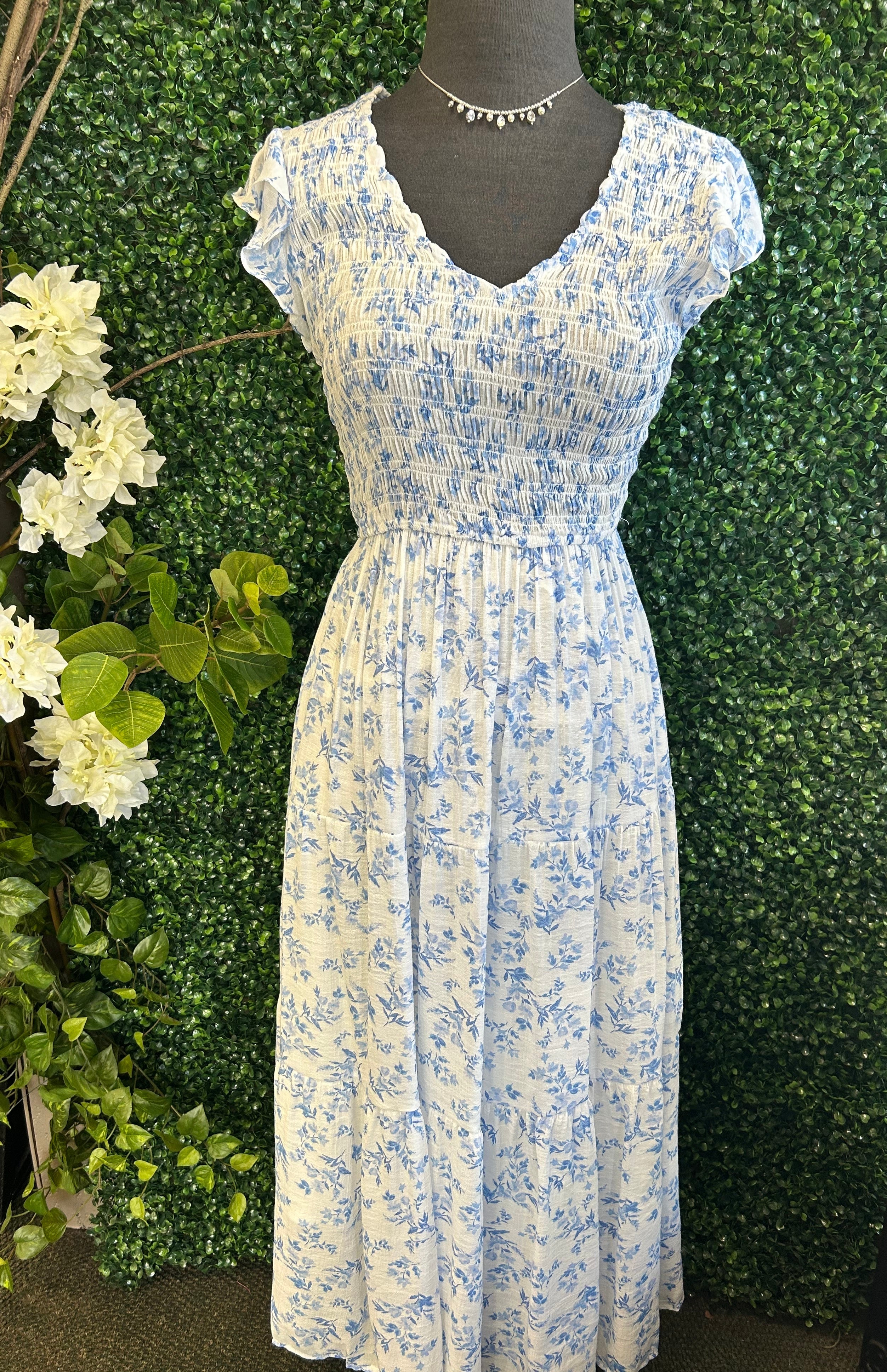 Floral V Neck Smocked Short Sleeve Midi Dress