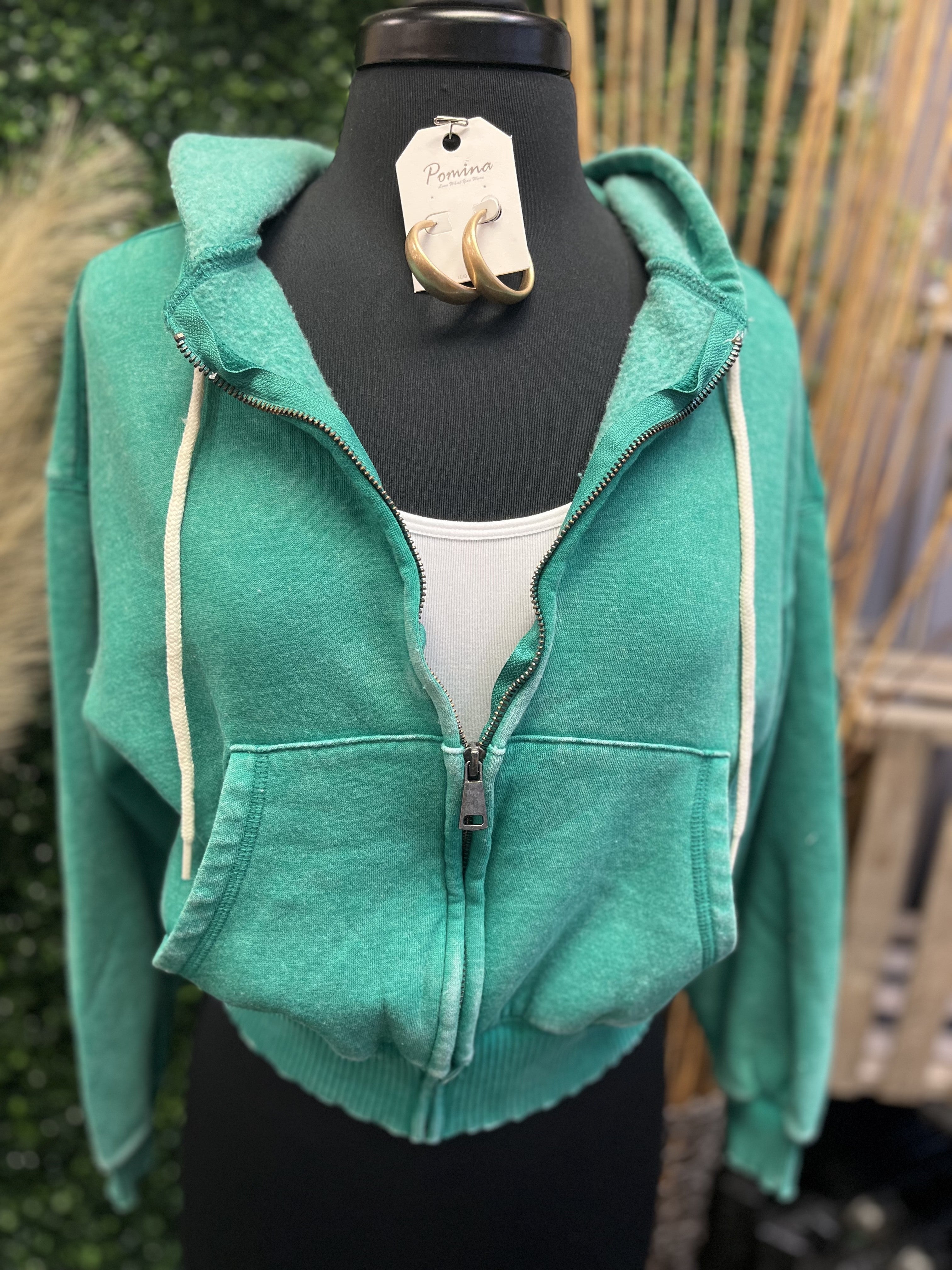 Acid Wash Fleece Cropped Zip-Up Hoodie