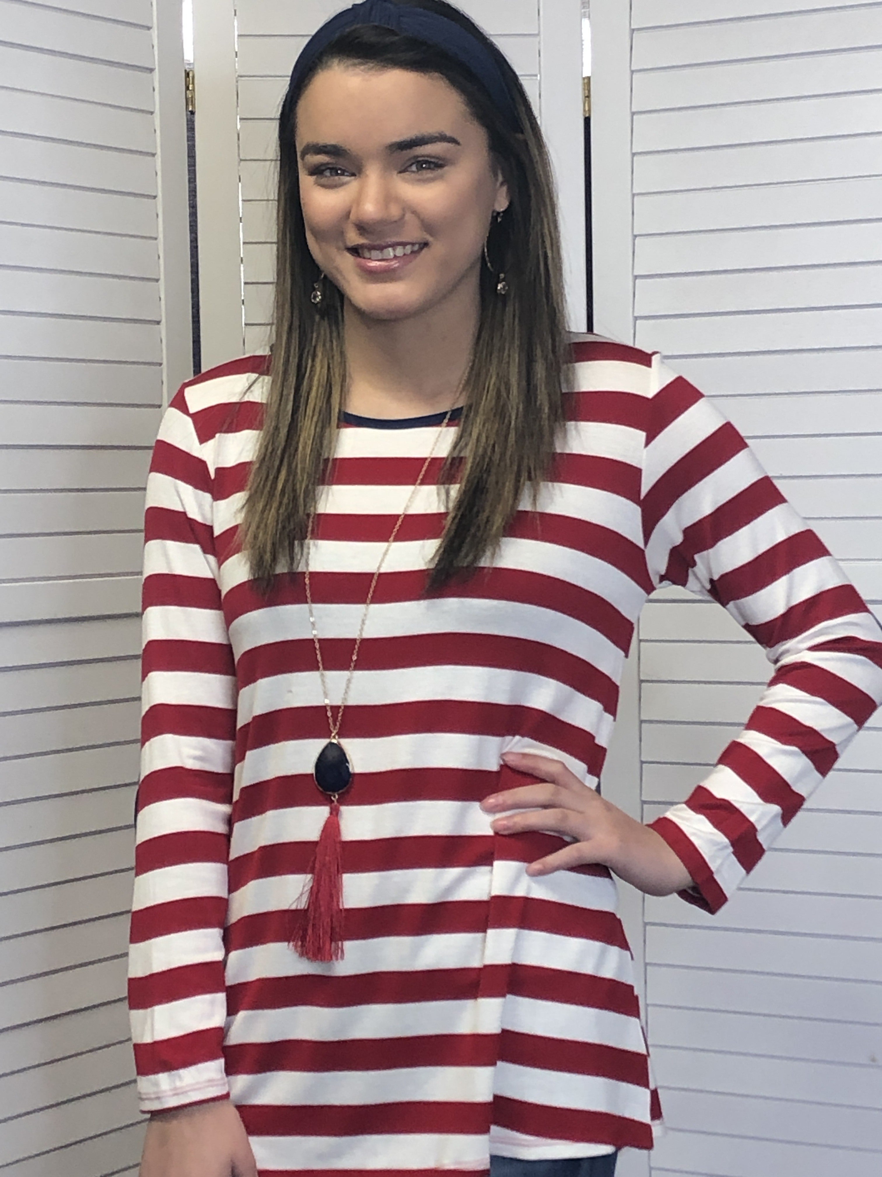Relaxed fit 3/4 sleeve striped top with elbow patch