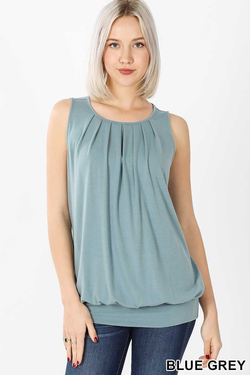 blue grey pleated waistband top