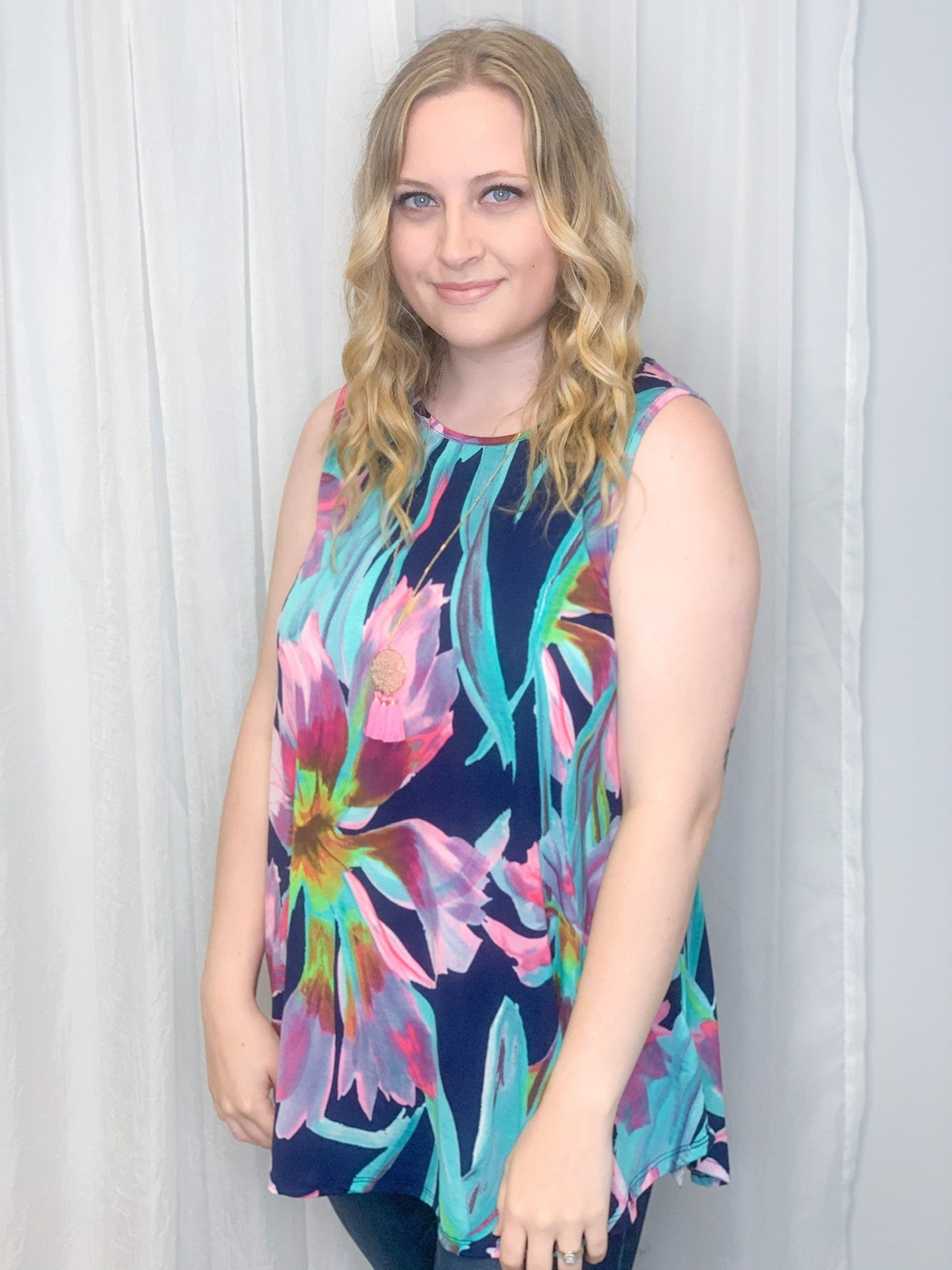 Navy Floral Sleeveless Top