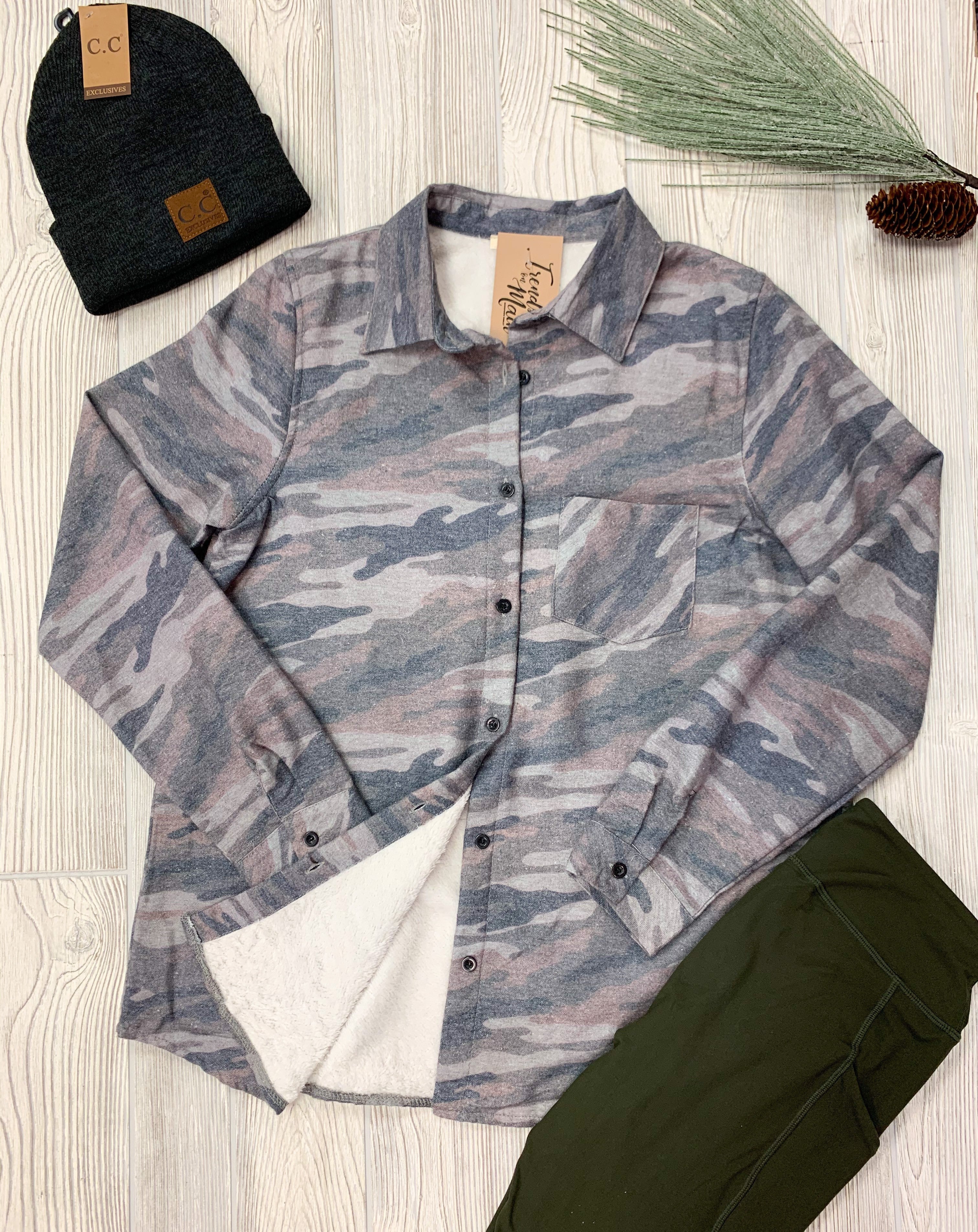 Camo fleece lined long sleeve shirt