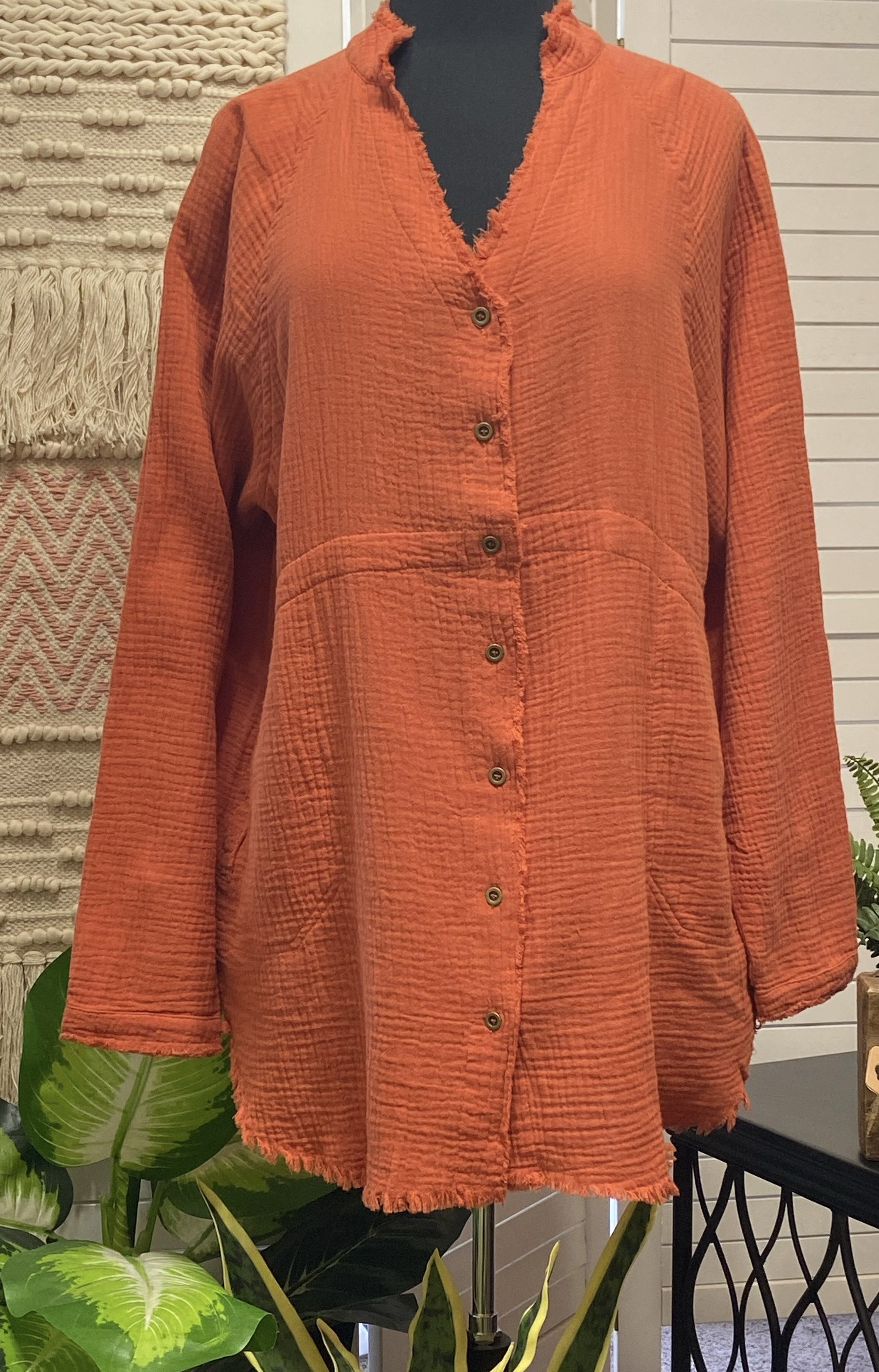 Button Down V-neck Gauze Top w/ Frayed Hem