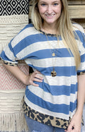 Blue Striped Top w/Leopard