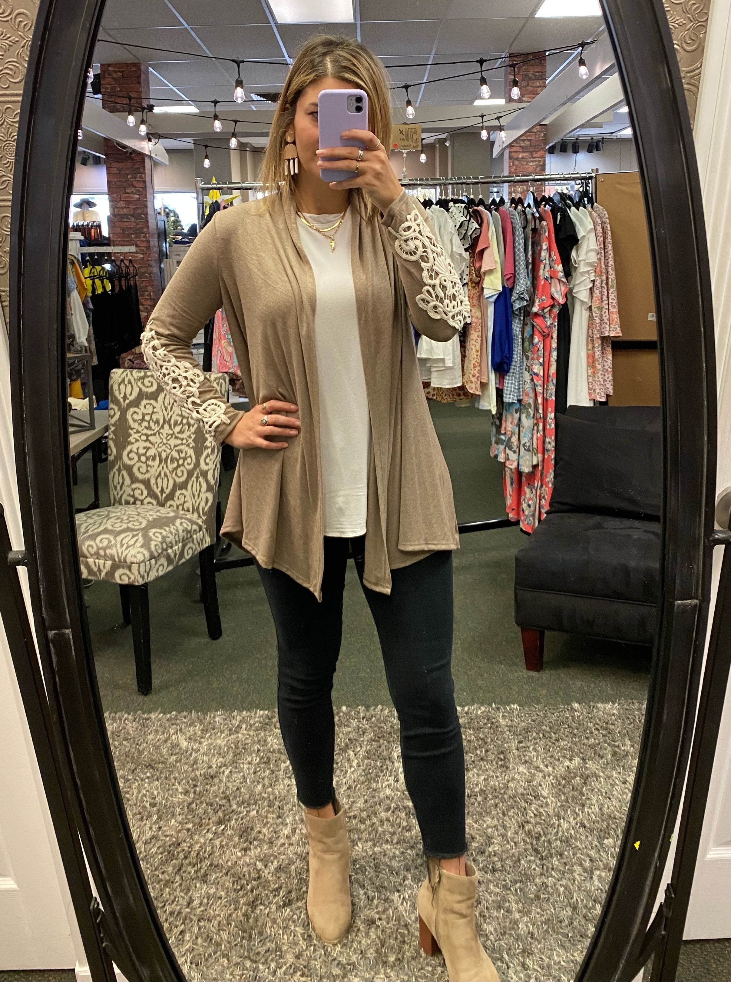 Taupe Cardi with Vintage Lace Sleeves