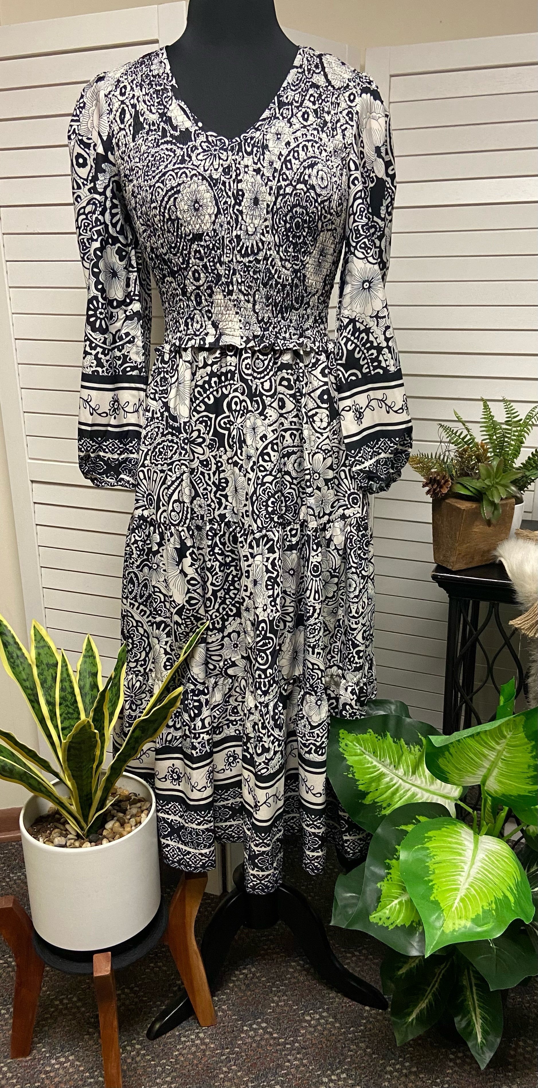 Black Mix Smocked Dress