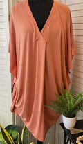 Solid V-neck Dress w/ Batwing Sleeve.