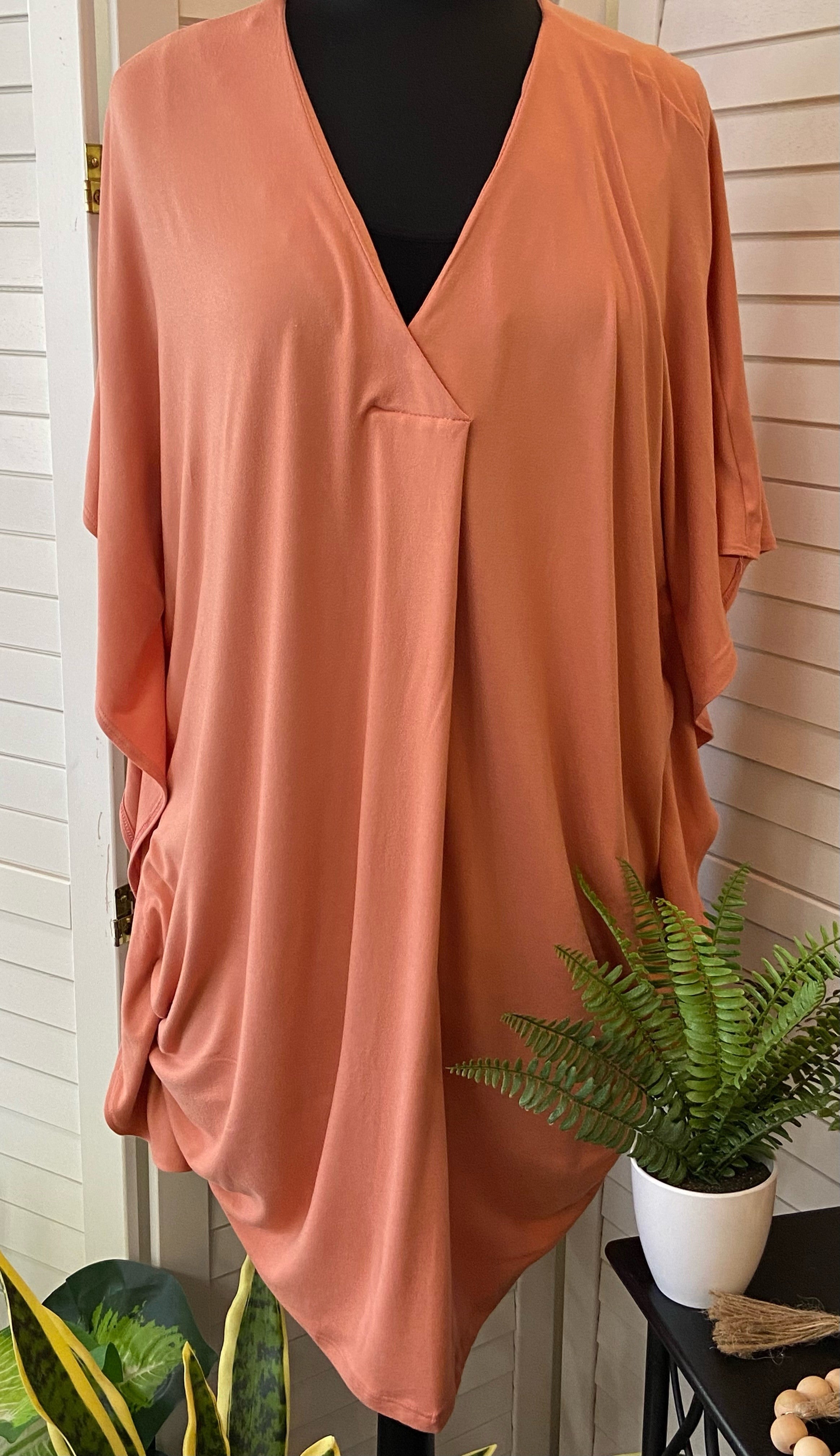 Solid V-neck Dress w/ Batwing Sleeve.