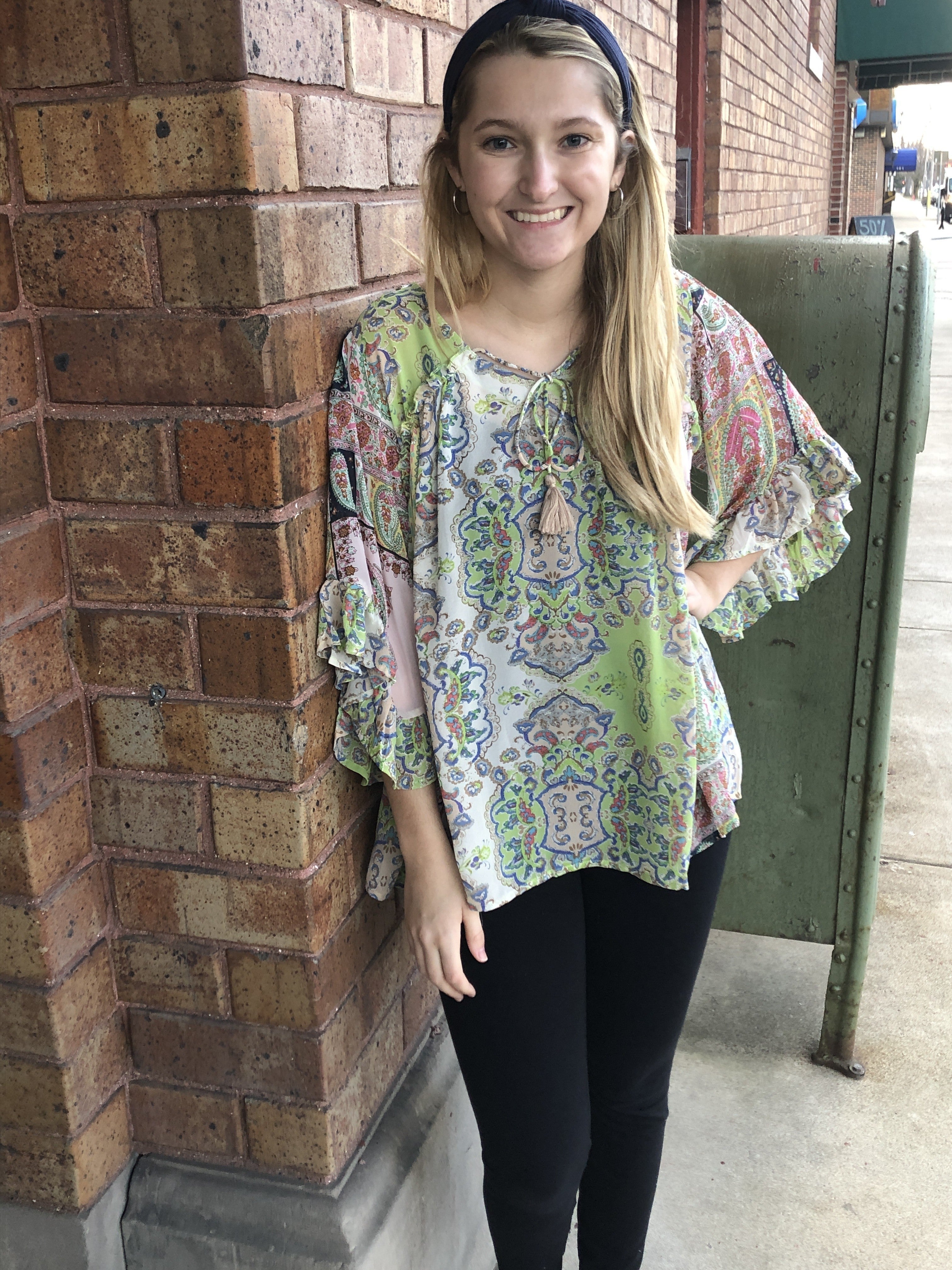 Paisley Mixed Chiffon Front Tie Ruffled Top