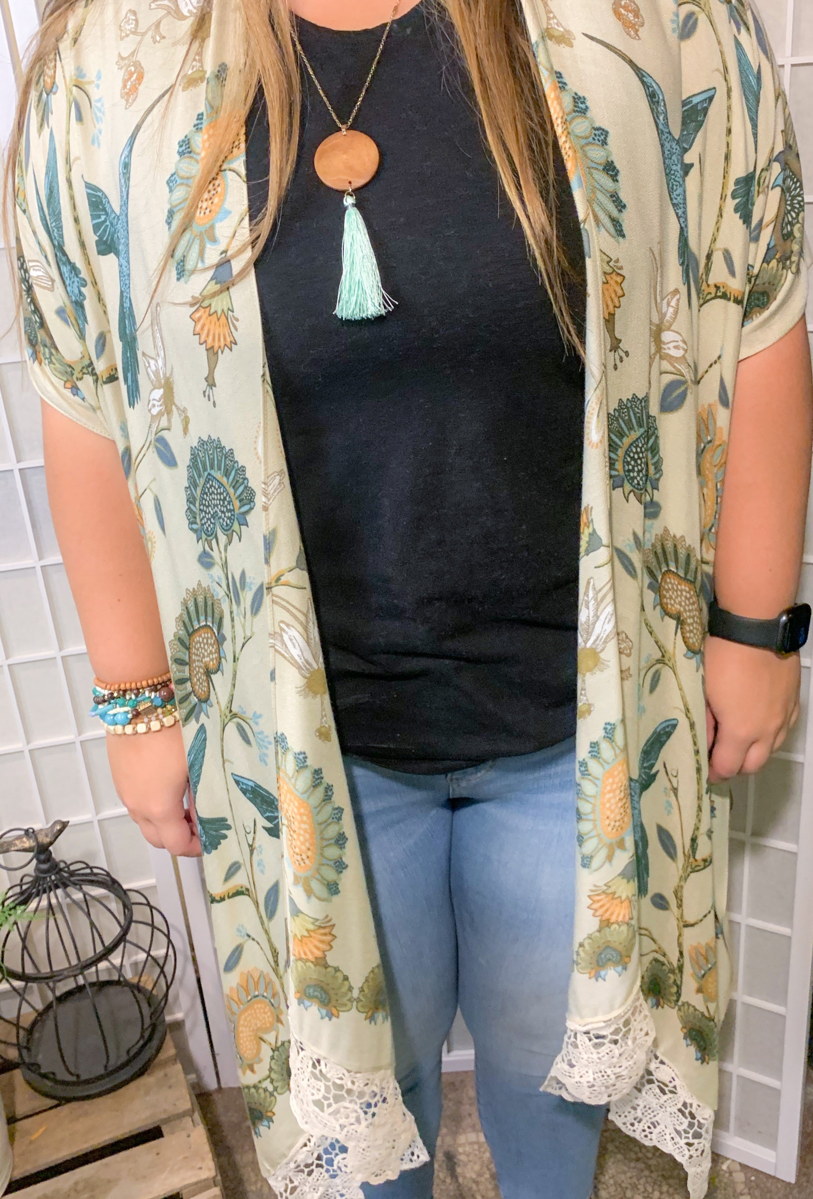 Printed Kimono with Lace Trim
