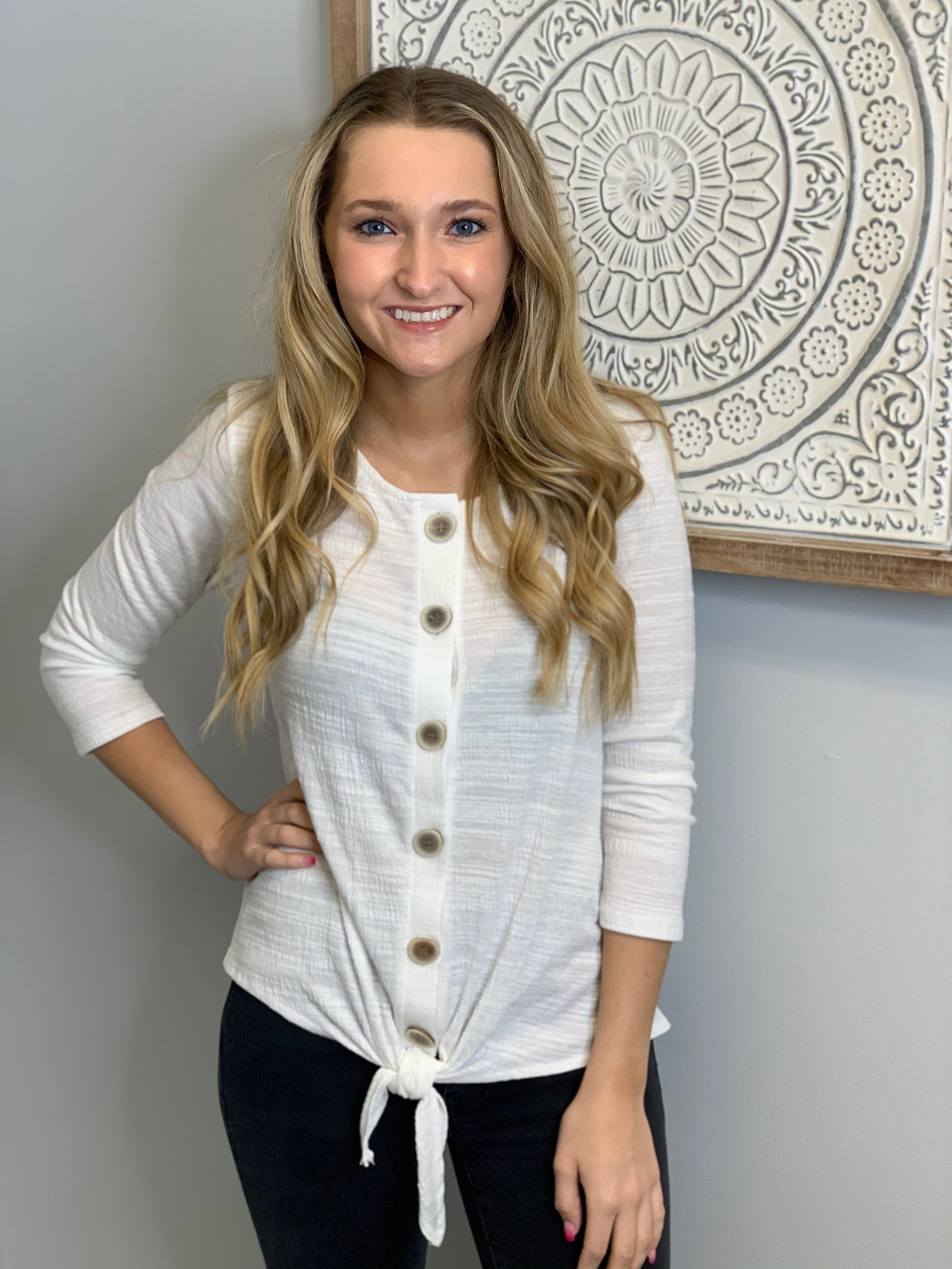 White Tie Top w/Beige Buttons