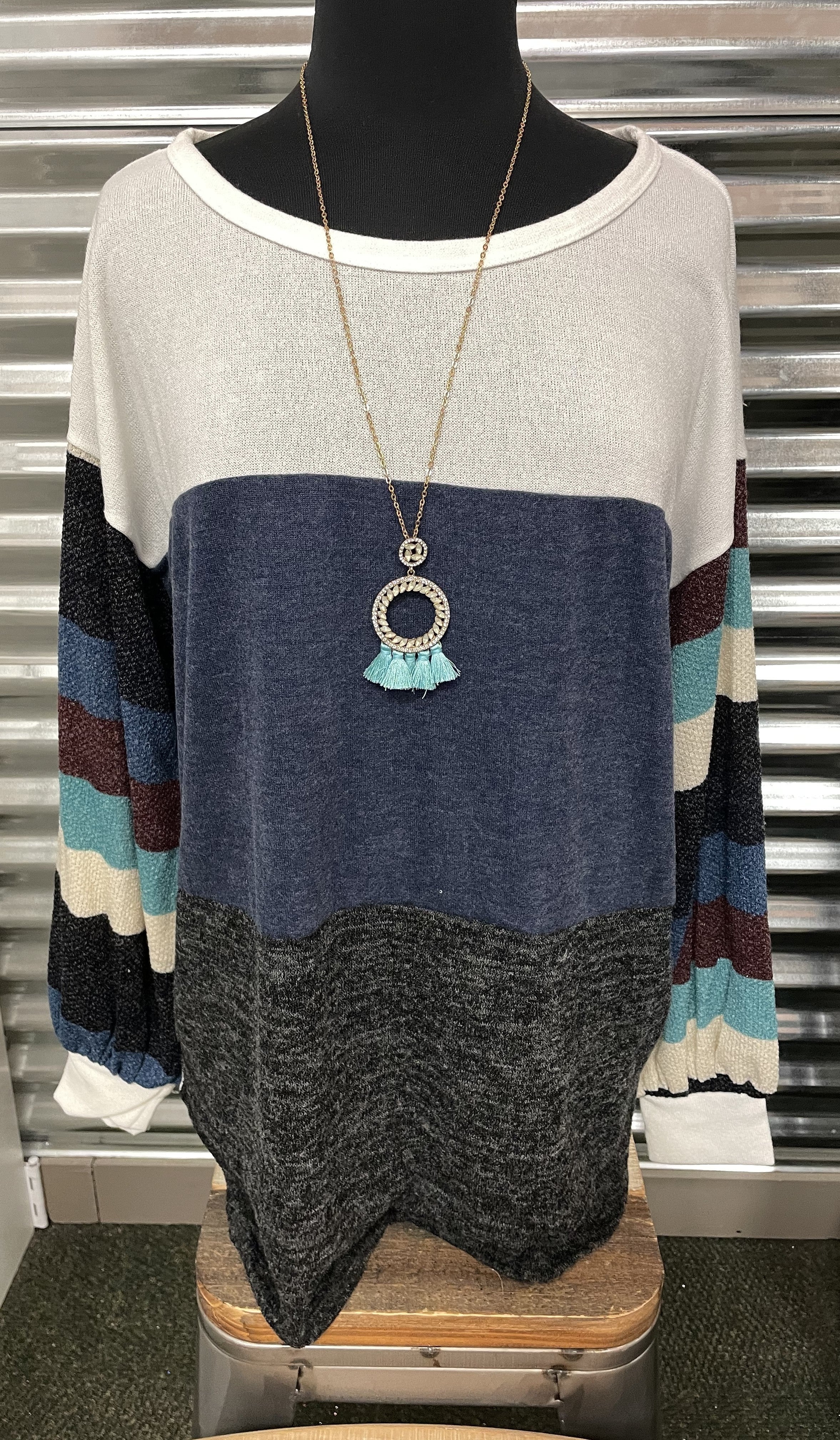 Color Block Top w/ Striped Sleeves