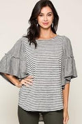 Denim Striped Tunic w/Ruffle Sleeves