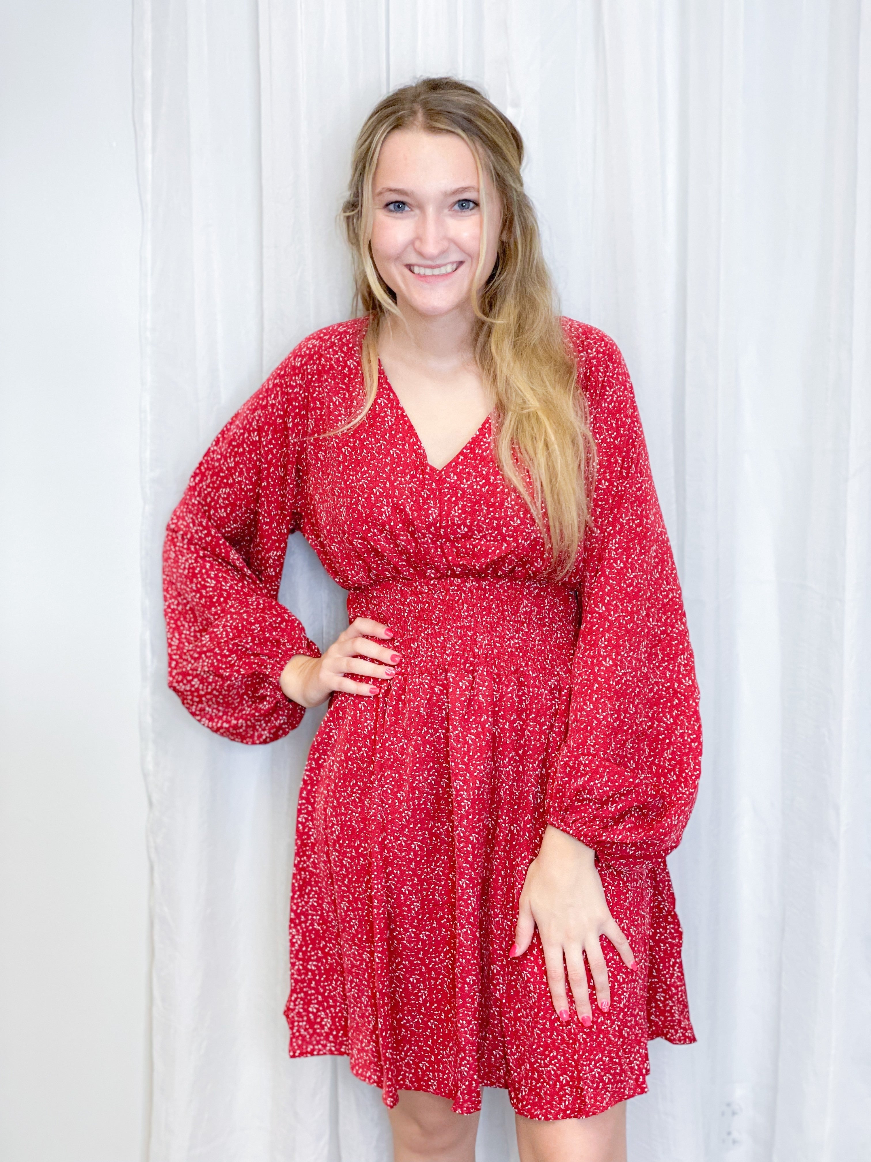 Red V-neck Smocked Waist Dress