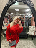 Red Balloon Sleeve Sequin Dress w/ Belt