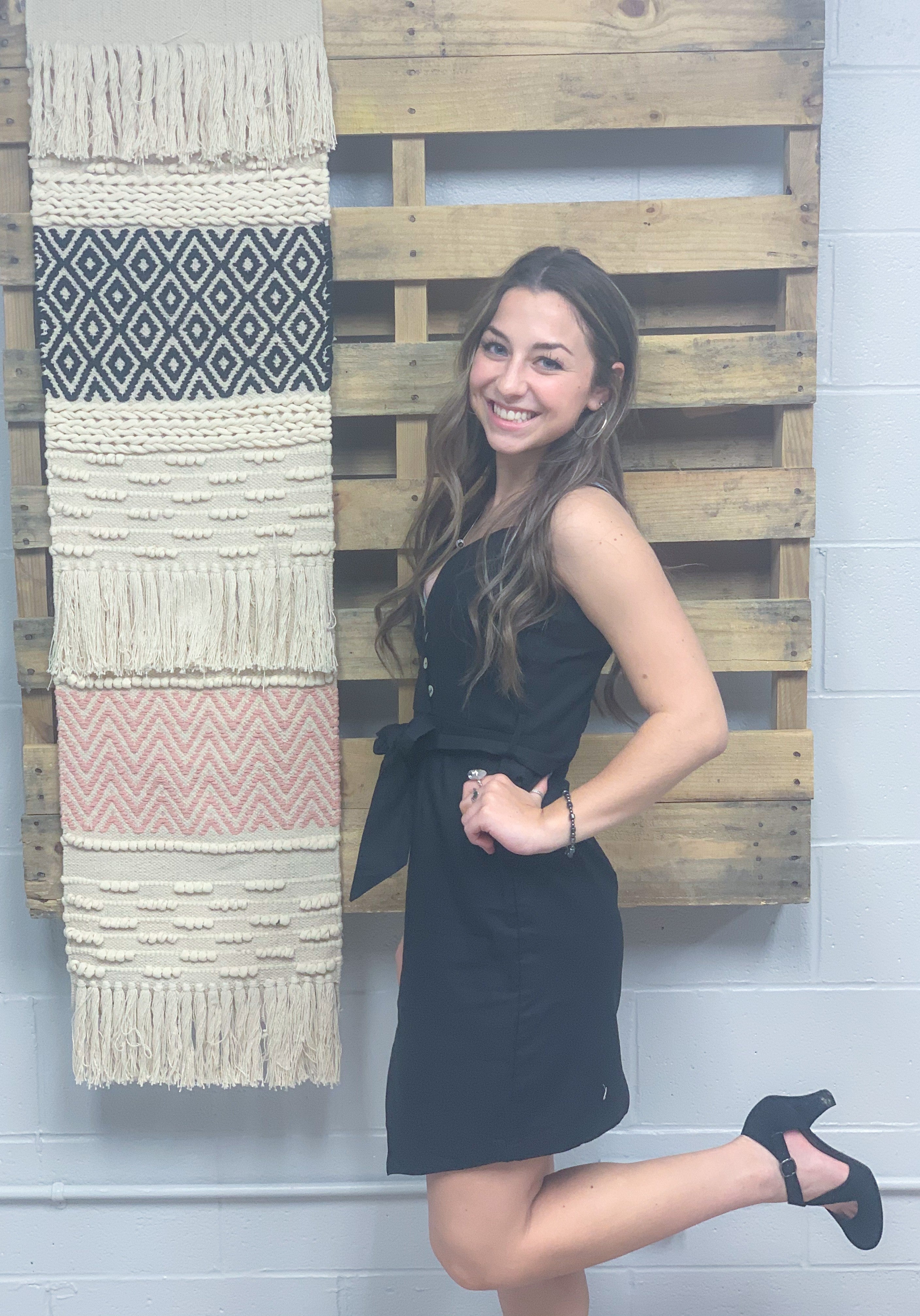 Black Linen Blend Dress with Self Tie